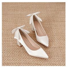 LBSFY - Size 30-44 Chunky Heel Pointed Bow High Heels Satin Champagne Color White Wedding Shoes Women Pumps White Satin Wedding Shoes, White Heels Aesthetic, White Kitten Heels, Wedding Shoes Women, Bow High Heels, White Wedding Shoes, Bride Hair, White Kittens, Womens Wedding Shoes