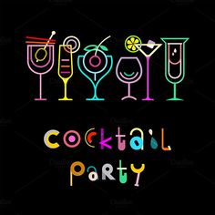 neon colored cocktail party lettering on black background