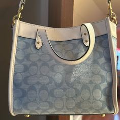 Used A Few Times Very Good Condition Coach Blue Shoulder Bag For Shopping, Blue Coach Bags With Zipper Closure, Green Coach Bags With Silver-tone Hardware, Multicolor Coach Bags With Gold-tone Hardware, Coach Blue Shoulder Bag With Silver-tone Hardware, Coach Bags, Bag Lady, Blue And White, Blue