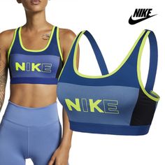 a woman in blue and yellow sports bra top with nike logo on the chest,