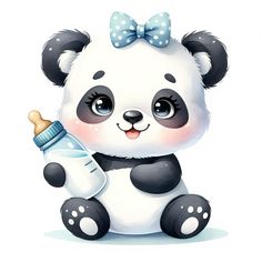 a panda bear holding a bottle with a bow on it's head and sitting down