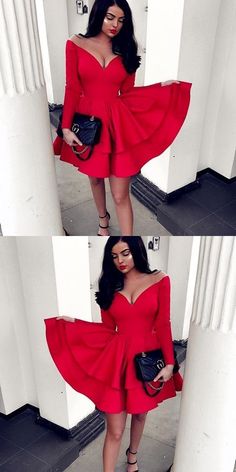 Off-the-shoulder Short Dress, Red Homecoming Dress, Short Party Dress, #yesbabyonline #homecomingdress Homecoming Dresses Sleeves, Long Sleeve Homecoming Dresses, Red Homecoming Dresses, Homecoming Dresses Long, Make Your Own Dress, Dresses Simple, Short Homecoming Dress, Red Long Sleeve, Short Prom