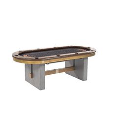 a poker table with an iron top and wooden frame on the bottom, in front of a white background