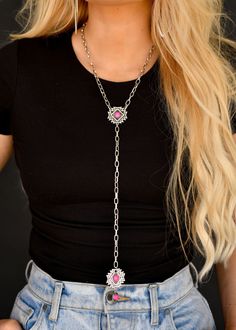 Faye Lariat Necklace 20" W/ 8" Tail Silver Chain Lariat Necklace with Pink Aztec Concho Accents Metal Lariat Jewelry With Chain Detail, Metal Lariat Chain Jewelry, Silver Chain Lariat Necklace, Metal Lariat Jewelry With Adjustable Length, Festival Necklaces With Adjustable Length, Lariat Necklaces With Adjustable Length For Festivals, Adjustable Lariat Necklaces For Festivals, Festival Chain Necklace With Adjustable Chain, Adjustable Length Lariat Necklaces For Festivals