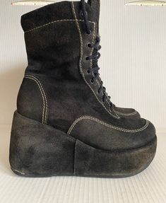 Please read shop policies before purchase, thank you  Y2K Leather Vintage Platform Boots. Vintage Y2K Leather Black-Brown Big Platform Sneakers-Boots. In OK condition. ( Except some parts are brighter than others, it's like antelope leather, last pics ) Size: I think is EU 37. Inner sole: 23 cm. ( 9.05" ) Platform: Front: 4 cm.( 1.57" ) Behind: 9 cm. ( 3.54" ) PLEASE READ I don't accept returns, exchanges, cancellations, or money refund. So please ask for measures and everything you want to know Platform Leather Boots, Boots Vintage, Platform Sneakers, Shoes Trainers, Platform Boots, Sneakers Boots, Womens Shoes Sneakers, Leather Boots, Vintage Y2k