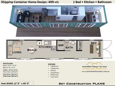 the floor plan for a shipping container home with kitchen and living areas in one room