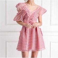 Self Portrait Asymmetrical Lace Guipure Frill One Shoulder Mini Dress In Pink Features Mesh Like Guipure Lace Fabric, Curving Placket That Runs Diagonally Across The Front Of The Front, Fastening With Tonal Covered Buttons. - Women’s Size Xs (0-2) - Waist: 12.5”, Length: 30”, Bust: 14.5” - Asymmetrical Neckline - Short Flutter Sleeves - Grosgrain Ribbon Waistband - Side Button-Flap Pockets - Fitted Bodice - Lightly Voluminous Mini Skirt - Lined - Retail $510 - Polyester Body - Excellent Condition Note: Care Tag And Brand Tag Have Been Removed Summer Cocktail Asymmetrical A-line Dress, Feminine Asymmetrical Mini Dress For Evening, Feminine Asymmetrical Evening Dress, Fitted V-neck Asymmetrical Dress For Spring, Spring Evening Asymmetrical Short Sleeve Dress, Spring Evening Asymmetrical Dress With Short Sleeves, Evening Asymmetrical Dress For Spring With Short Sleeves, Spring Asymmetrical Mini Dress, Spring Mini-length Asymmetrical Dress