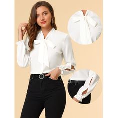 Modern and elegant, this shirt is styled with softly chiffon fabric. There's nothing like a touch of chiffon to elevate your style, and this blouse also features a bow tie-neck for a put-together look. Elastic ruffle cuffs instantly elevate this shirt and make it a sophisticated choice for day or night. Suitable for casual, dating, office, work, formal, and daily wear. This shirt brings elegance to whatever outfit you're putting together. Long Sleeve Work Shirt, Work Formal, Casual Dating, Work Shirt, Work Shirts, Tie Neck, Office Work, Chiffon Fabric, Shirt White