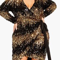 Allover Sequins Add Plenty Of Pizzazz To A Long-Sleeve Faux-Wrap Dress That's Sure To Steal The Scene Long Sleeve Faux Wrap Party Dress, Party Mini Dress With Faux Wrap And Surplice Neckline, Glamorous Fall Dresses With Surplice Neckline, Glamorous Surplice Neckline Dress For Fall, Party Dress With Faux Wrap And Surplice Neckline, Chic Faux Wrap Mini Dress For Party, Black Wrap Dresses For Date Night, Faux Wrap Dress For Date Night In Fall, Chic Faux Wrap Fall Dress