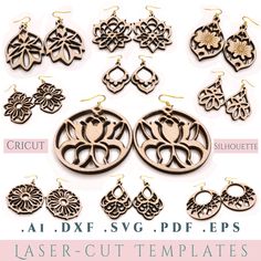 an assortment of laser cut earrings and earring designs with the words laser cut templates