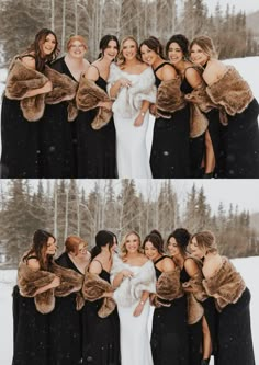 a group of women standing next to each other on top of a snow covered field