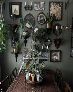 a dining room table covered with plants and pictures on the wall above it is a potted plant