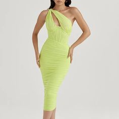 Indulge in the effortless elegance of our Mesh One Shoulder Backless Midi Dress. This dress features a one shoulder design, made with delicate mesh fabric and a backless silhouette. Perfect for sophisticated occasions, this dress is a must-have for adding a touch of luxury to any wardrobe. Elasticity: Slight Stretch Fabric Type: Organza Pattern Type: Solid Fit Type: Slim Silhouette: Pleated Neckline: Diagonal collar Dresses Length: Mid-Calf Material: Mesh Closure Type: Zipper Material Composition: Natural Fiber Waistline: Loose waist Sleeve Length(cm): sleeveless Bust:24.80-33.07" Waist:24.41-25.20" Hip:31.50-35.43" Length:38.58" Backless Midi Dress, Corset Midi Dress, One Shoulder Midi Dress, Yellow Midi Dress, Ruched Midi Dress, Mid Length Dresses, Cutout Dress, Dress Cuts, Midi Dress Sleeveless