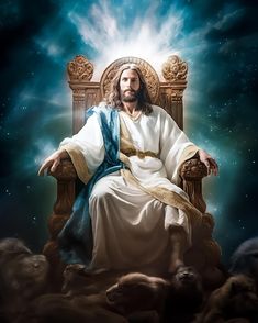 jesus sitting on a throne with his arms crossed in front of him, surrounded by clouds and stars