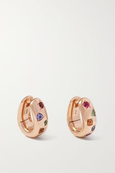 Pomellato's 'Iconica' collection was crafted as an homage to the Maison's rich goldsmith tradition — each design is a piece of art. These hoop earrings are cast from 18-karat rose gold and punctuated with an amethyst, tsavorites, a blue sapphire, blue zircon, red spinel, pink tourmaline, tanzanite and orange sapphires. They'll make a wonderful gift for a lover of gems. Luxury Multi-stone 14k Gold Earrings, Elegant Multi-stone Hoop Jewelry, Elegant Multi-stone Hoop Earrings, Luxury Multi-stone Hoop Jewelry, Luxury Hoop Multi-stone Jewelry, Luxury Hallmarked 14k Gold Huggie Earrings, Luxury Multi-stone Rose Gold Jewelry, Luxury Rose Gold Multi-stone Jewelry, Luxury Gold-plated Huggie Earrings With Polished Finish