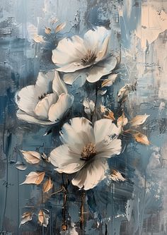 an abstract painting with white flowers on a blue background