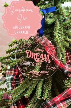 an ornament hanging from the top of a christmas tree with red and black plaid ribbon