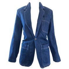 For Sale on 1stdibs - Fabulous classic vintage BILL BLASS dark denim blue jean blazer jacket! Sharp tailored fit with a single brass Bill Blass embossed button. Pocket at left Clothes Wishlist, 80s Denim, Fitted Blazer Jacket, Boyfriend Blazer, Bill Blass, Dark Indigo, Blazer With Jeans, Fitted Blazer, Fashion Design Clothes