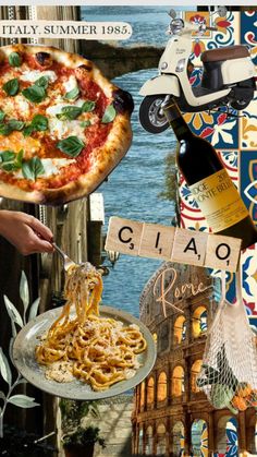 a collage of images with pizza, pasta and veggies