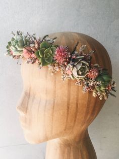 A delicate all-around crown of succulents and dried flowers on a wrapped wire form. Shades of green, pink, ivory, and neutrals. Easy to wear and long lasting- perfect for parties, engagement photos, and weddings. This crown is slightly adjustable, but can be made for specific measurements if needed. Can be ordered in advance by including your wedding date in the notes at checkout. We typically ship succulent items to arrive 1-3 days prior to an event. Plant the succulents after use for a permane Candle Theme Wedding, Green Flower Crown, Succulent Wedding Decor, Succulent Boutonniere, Crown Pink, Custom Crown, Succulent Cuttings, Pink Crown, Fairy Wedding