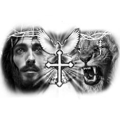 the face of jesus with two lions and a cross in front of him, both facing each other