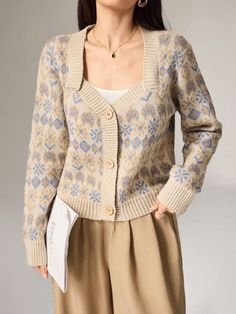 Women's Casual All-Over Pattern Keyhole Neckline Single-Breasted Cardigan Khaki Casual  Long Sleeve Knitwear Plants  Medium Stretch  Women Clothing, size features are:Bust: ,Length: ,Sleeve Length: Cardigan Knitted, Cardigan Casual, Jacquard Sweater, Áo Len Cardigan, Loose Pullover, Modieuze Outfits, Vintage Hoodies, Sweater Coat, Knitted Top