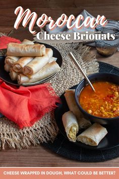 a bowl of soup and some pita bread on a table with a red napkin