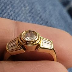 18k Solid Yellow Gold Ring With Genuine Mined Diamonds. Size 6 Center Stone Is About The Size Of 1/2 Ct Diamond. Baggett Diamonds On Each Side. Diamonds Are Very Good Quality To The Naked Eye. Unknown Color And Clarity. This Ring Is Very Beautiful! Well Made! If You Don't Like Prongs, This Is The Ring For You! Wear Without Worries Of Damage To Your Nice Sweaters Or Grab Into Things! 90s Gold Rings, Nice Sweaters, Yellow Gold Ring, Cool Sweaters, Solid Yellow, Yellow Gold Rings, Womens Jewelry Rings, Gold Ring, Good Quality