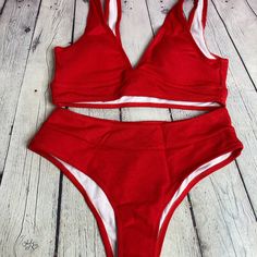 Shein Swimsuit Bikini New With Tag, Never Worn. #130p Red High Waist Swimwear For Sunbathing, High Waist Red Swimwear For Beach, Red Lined Swimwear For Pool, Red One-piece Swimwear For Beach Party, Red High-waisted Swimwear For Pool, High-waisted Red Summer Swimwear, Red High-waist Swimwear For Poolside, Red V-neck Summer Swimwear, Fitted Red Swimwear With Built-in Bra