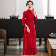 Lace fabric, long Ao dai with three quarter sleeves#qipaodress #weddingqipao#cheongsamdress#weddingcheongsam Fitted Long Ao Dai For Banquet, Elegant Fitted Ao Dai For Tea Ceremony, Fitted Ao Dai With Stand Collar For Ceremony, Fitted Ao Dai With Stand Collar For Banquets, Fitted Ao Dai With Stand Collar For Banquet, Elegant Long Sleeve Cheongsam For Tea Ceremony, Fitted Long Sleeve Cheongsam For Wedding, Red Fitted Cheongsam For Banquet, Red Long Cheongsam For Wedding