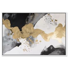 an abstract painting with gold and black paint