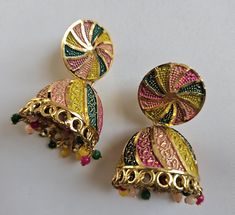 Indian Gold and Multicolor Jhumka Earrings; Light weight Festive Multicolor Chandbali Jhumkas, Multicolor Chandbali Jhumkas For Festive Occasions, Multicolor Jhumkas For Diwali, Multicolor Chandbali Jhumkas For Navratri, Multicolor Latkans Jhumkas For Navratri, Multicolor Jhumkas For Navratri Festival, Navratri Multicolor Chandbali Jhumkas, Multicolor Jhumkas With Latkans For Festivals, Multicolor Jhumkas With Latkans For Celebration