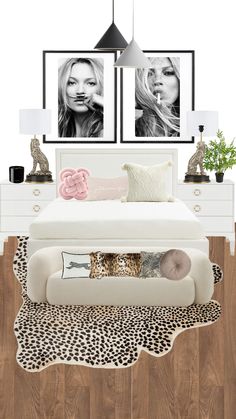 a bedroom with two pictures on the wall and a bed in the foreground, next to a leopard print rug