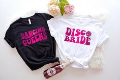 Disco Bride T-Shirt, Queen Dancers Shirt, Dancing Competition Bride Tee, Bachelorette Disco Party Hoodie, Bridesmaids Dancers, Bride To Be. Each Item IS Sold Separately. Welcome to Crazy Hat Shop,  Your go-to destination for unique and eye-catching printed t-shirts! We specialize in high-quality, creatively designed tees that let you express your individuality and stand out from the crowd. Whether you're looking for bold graphics, witty slogans, or artistic prints, our diverse collection has something for everyone. Discover your next favorite t-shirt at Crazy Hat Shop, where crazy cool meets everyday comfort! Fitted Letter Print T-shirt For Hen Party, Fitted Pink T-shirt For Hen Party, Pink Fitted T-shirt For Hen Party, Bachelorette Disco Party, Bachelorette Disco, Disco Bride, Dancing Competition, Dancer Shirt, Crazy Hat