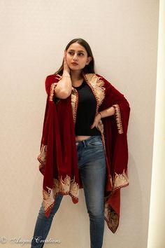 Complement your outfit with this Royal Velvet Cape. This is a very easy to style cape and it can be paired with any top, blouse, dress, or any other thing, no doubt you'll stand out from the crowd.Product DetailsCondition Brand New Velvet Cape with Golden & Silver Kashmiri Zari Embroidery.Colour: RedSize: 82" X 35" (208.28 cms X 88.9 cms) approx.If you want a bigger or smaller size (dimensions), we can make it for you on order, just drop us a message.Care Instructions- Dry Clean Only.✿Subscr Red Embroidered Shawl Dupatta, Red Embroidered Dupatta Shawl, Red Embroidered Long Dupatta, Red Shawl With Embroidered Border, Red Embroidered Shawl With Traditional Drape, Red Shawl With Embroidered Border In Traditional Drape, Traditional Red Embroidered Shawl, Red Embroidered Shawl In Traditional Drape, Festive Red Shawl With Intricate Embroidery