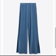 Zara Blue Flowing High Waisted Flare Split Pants Size M New With Tag Versatile Blue Wide Leg Pants With Pockets, Casual Solid Bottoms With Side Slits, Versatile Straight Leg Blue Bottoms, Versatile Blue Wide Leg Pants, Blue Versatile Straight Pants, Versatile Blue Straight Pants, High Waist Bottoms With Side Slits, Chic Blue Wide Leg Loungewear Pants, Chic Blue Wide Leg Pants For Loungewear