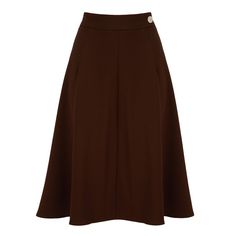 Have you ever struggled to find a classic and elegant skirt you can style for work and evening glam? Our flattering A-line skirt is the perfect addition to your wardrobe. It's made in a beautiful heavyweight crepe fabric and features a side pocket, side zipper and a contrasting natural Corozo button. This design drapes perfectly at or just below the knee and has an authentic vintage feel to complete your look. Why not pair it with a t-shirt or cropped sweater to complement your style. This versa Elegant Brown Skirt For Evening, Elegant Brown Evening Skirt, Elegant Evening Brown Skirt, Elegant Long Brown Skirt, Elegant Brown Flared Skirt, Classic Evening Midi Pencil Skirt, Formal Brown Lined Skirt, Formal Brown Flared Skirt, Brown A-line Skirt For Work