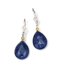 Ross-Simons - 18.00ct t. w. Opaque Sapphire Drop Earrings in Silver, 14kt Gold. Make the night a romantic one with these 18.00 ct. t. w. opaque sapphire drop earrings! The pear-shaped opaque sapphires are set in polished sterling silver and topped with gleaming 14kt yellow gold beads for a chic contrast. Hanging length is 1 3/8". Leverback, sapphire drop earrings. Sapphire birthstones are the perfect gift for September birthdays. Formal Pear-shaped Gemstone Earrings, Classic Pear-shaped Earrings For Evening, Evening Fine Jewelry Pear-shaped Earrings, Blue Briolette Earrings For Formal Occasions, Evening Sterling Silver Diamond Earrings With 17 Jewels, Fine Jewelry Briolette Earrings For Evening, Sapphire Diamond Drop Earrings For Formal Occasions, Pear-shaped Gemstone Jewelry For Evening, Elegant Sapphire Diamond Earrings