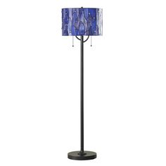 a floor lamp with a blue shade on it