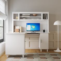 a white desk with a computer on top of it in front of a large window