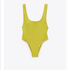 Zara Ribbed Swimsuit Nwt Size: M Tank Style Swimsuit - Deep Neck And Scoop Back Neckline Bright Green - Removable Cups Trendy Yellow One-piece Bodysuit, Green Stretch Bodysuit By Zara, Zara Green Stretch Bodysuit, Trendy Yellow Stretch Bodysuit, Casual Yellow Sleeveless Bodysuit, Yellow Sleeveless Casual Bodysuit, Zara Solid Color Beachwear Swimwear, Zara Green Summer Bodysuit, Casual Yellow One-piece Bodysuit