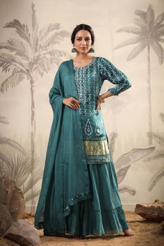 Women's Teal Gaji Silk Tiered Sharara Suit at PinkPhulkari California Gajji Silk Kurta, Phulkari Pants, Color Kurti, Lucknowi Kurta, Kurta Skirt, Georgette Sharara, Gharara Suits, Patiala Salwar Suits, Sharara Pants