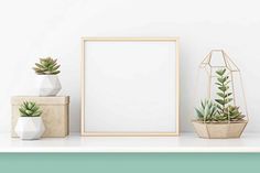 an empty frame on a shelf with succulents and potted plants next to it