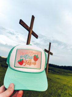 Tis so Sweet to Trust in Jesus Hat! Choose your hat color, we have many to choose from.  We do have both youth and adult size hats.   Hat Details: 100% Polyester foam front, mesh back Structured, five-panel, mid-profile 3 ½" crown Pre-curved visor with braid detailing Adjustable double snapback closure Cute Flat Brim Hat One Size, Cute Brimmed Trucker Hat, One Size Fits Most, Cute Brimmed Trucker Hat One Size Fits Most, Cute Outdoor Hats For Spring, Cute Trucker Hat With Flat Brim, Cute Baseball Cap For Outdoor, Cute Outdoor Trucker Hat, Cute Outdoor Baseball Cap, Cute Outdoor Spring Hats