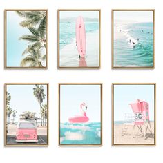 four framed photographs of pink flamingos and surfboards on the beach with surfers in the background