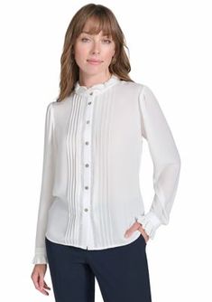 This elegant blouse from Tommy Hilfiger is crafted from 100% polyester, ensuring a soft and comfortable feel against your skin. Designed with a flattering ruffle neck and long set-in sleeves, it exudes sophistication and charm. The button closure adds a touch of classic elegance, making it easy to wear and style. Perfect for any occasion, this versatile blouse can be dressed up or down, making it a must-have addition to your wardrobe. | Tommy Hilfiger Women's Long Sleeve Pintuck Button Front Blo Ruffled Blouse, Elegant Blouses, Tommy Hilfiger Women, Pin Tucks, Women Lace, Classic Elegance, Womens Clothing Tops, Women Long Sleeve, Lace Trim