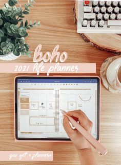 a person is writing on a tablet with the words boho life planner next to it