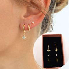 More Style at https://www.etsy.com/ca/shop/HoneywoodJewelry  SOLD IN PAIRS  ▶ DETAILS ◀ Purchasing Options (SOLD IN PAIRS): A: Star Hoops (9 mm inner diameter) B: Plain Hoops (8 mm inner diameter) C: 2.5 mm CZ Stud (butterfly backings * 20G) Gold Finish: 18K gold-plated 925 sterling silver Silver Finish: Rhodium-plated 925 sterling silver Hypoallergenic, nickel-free, and suitable for everyday wear ▶ SHIPPING ◀ All orders will be shipped out the following business day after the order has been rec Celestial Earring Stack, Earrings Stacking Ideas, Gold Earring Stack Ideas, Earring Stack Silver, Gold Earrings Stack, Three Ear Piercings, Silver Earring Set, Stacking Earrings, Star Jewellery