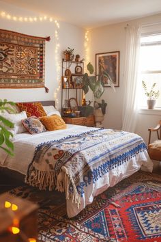 a bedroom with a bed, rugs and lights on the wall above it's headboard