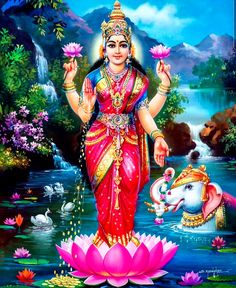 the hindu goddess standing on top of a lotus flower in front of a river with water lil